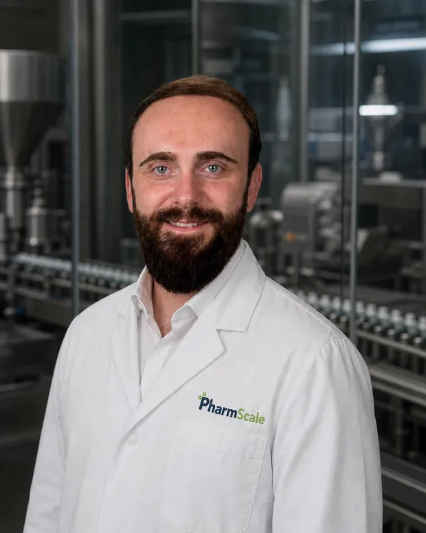 Senad Bećirović, co-founder and CEO, in a PharmScale lab coat at the production line